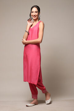 Bright Pink Cotton Blend Layered Kurta Salwar Suit Set image number 2