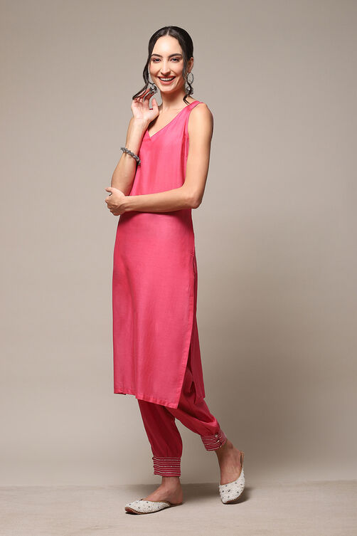 Bright Pink Cotton Blend Layered Kurta Salwar Suit Set image number 2