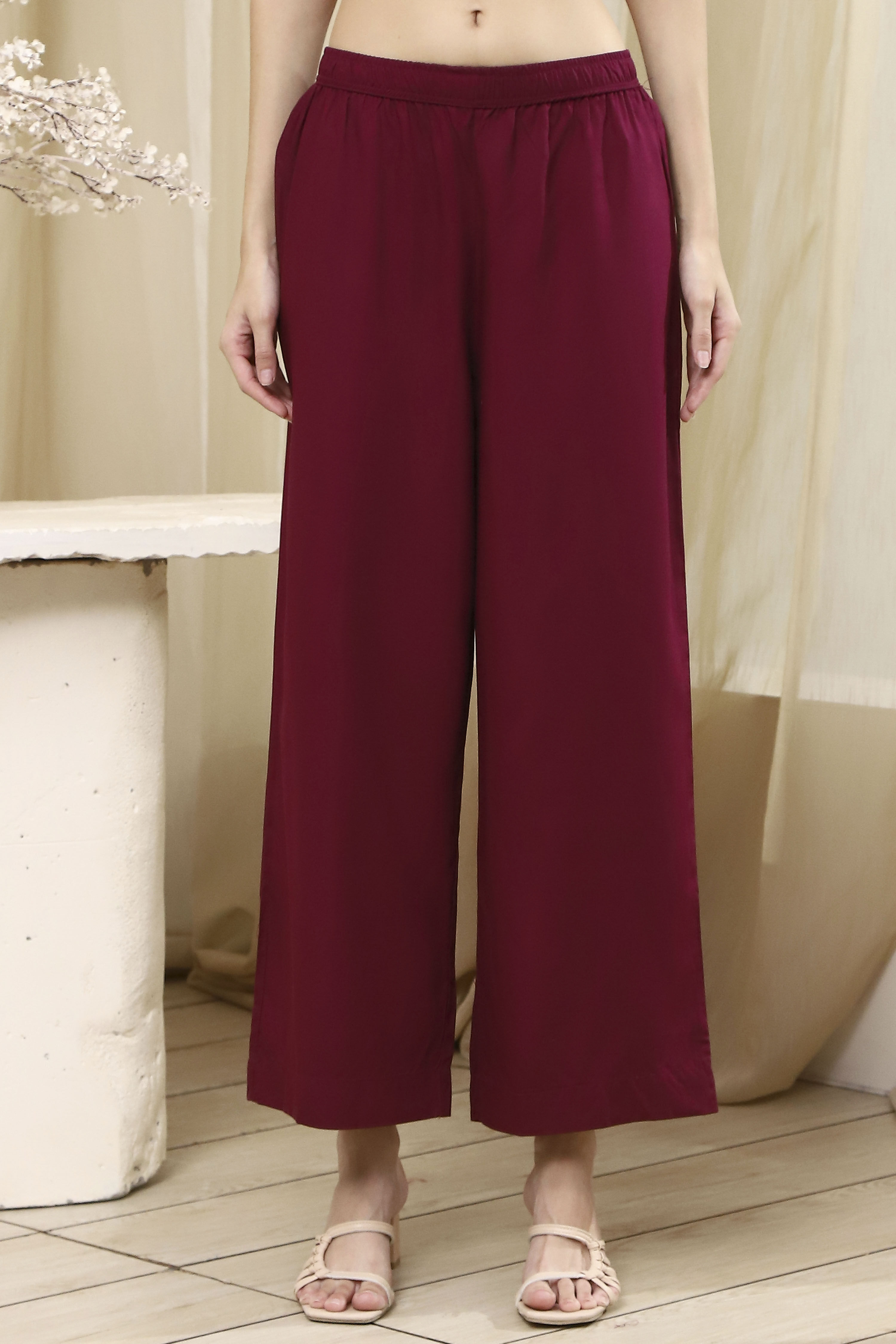 Berry Maroon Solid Straight Palazzos image number 2