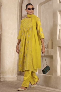 Lime Yellow Chanderi Straight Dyed Suit Set image number 6
