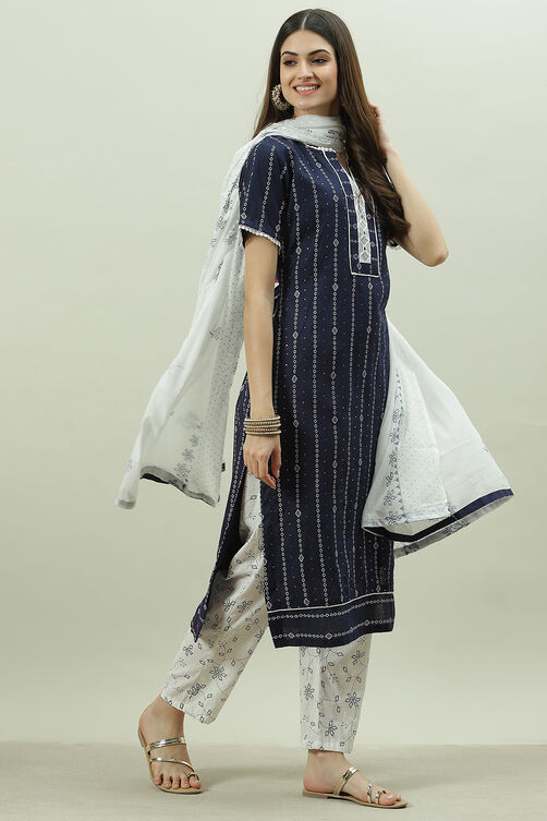 Blue Cotton Power Loom Unstitched Suit Set image number 6