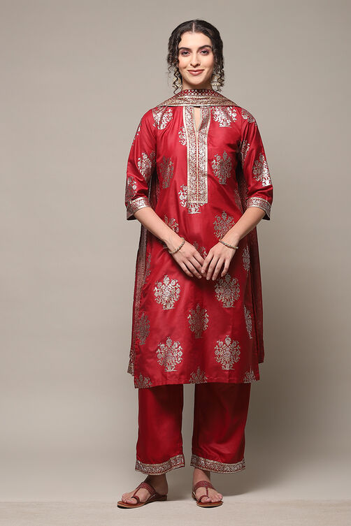 Maroon Art Silk Straight Kurta Palazzo Suit Set image number 7