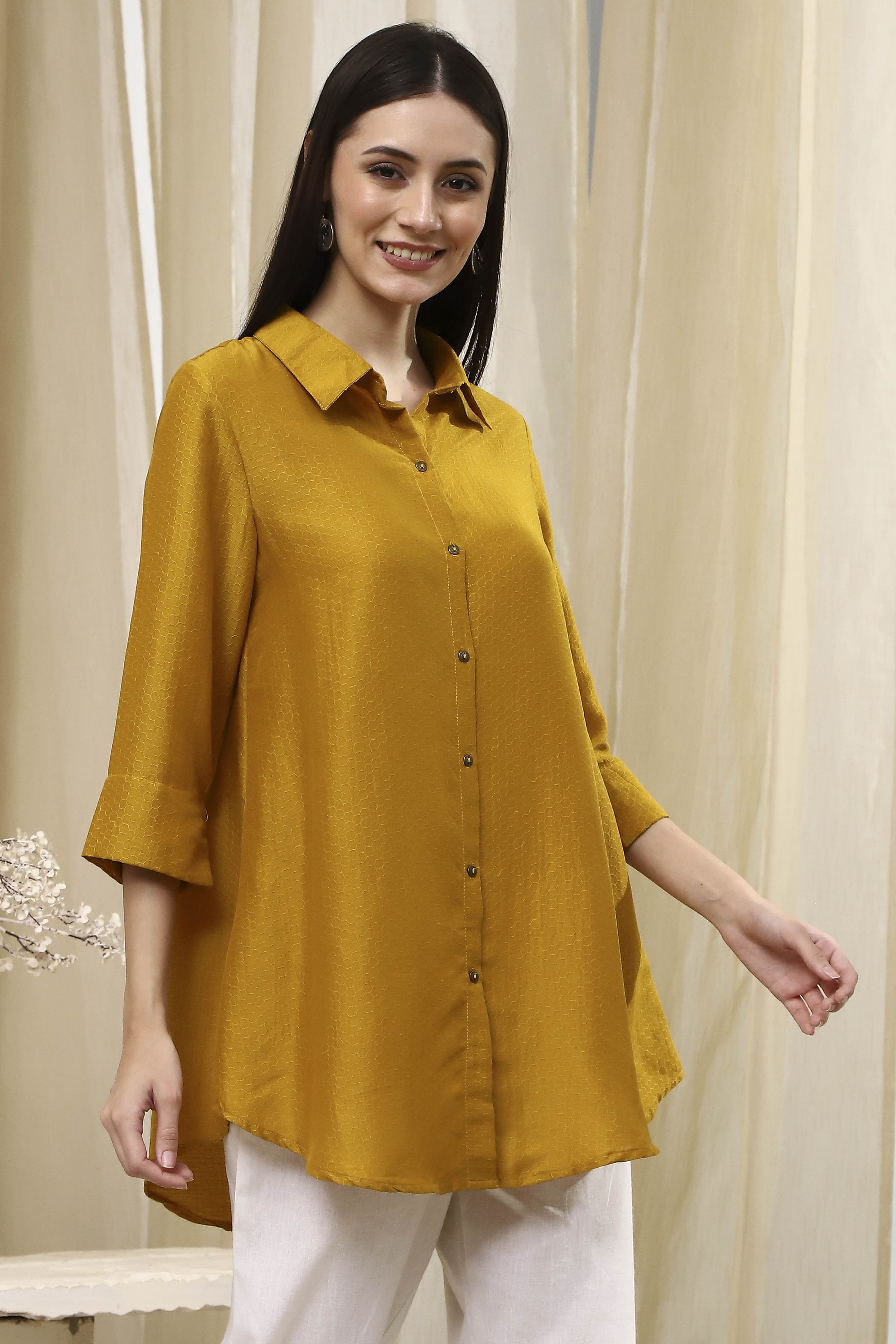 Ochre Yellow Dyed High-Low Shirt image number 0