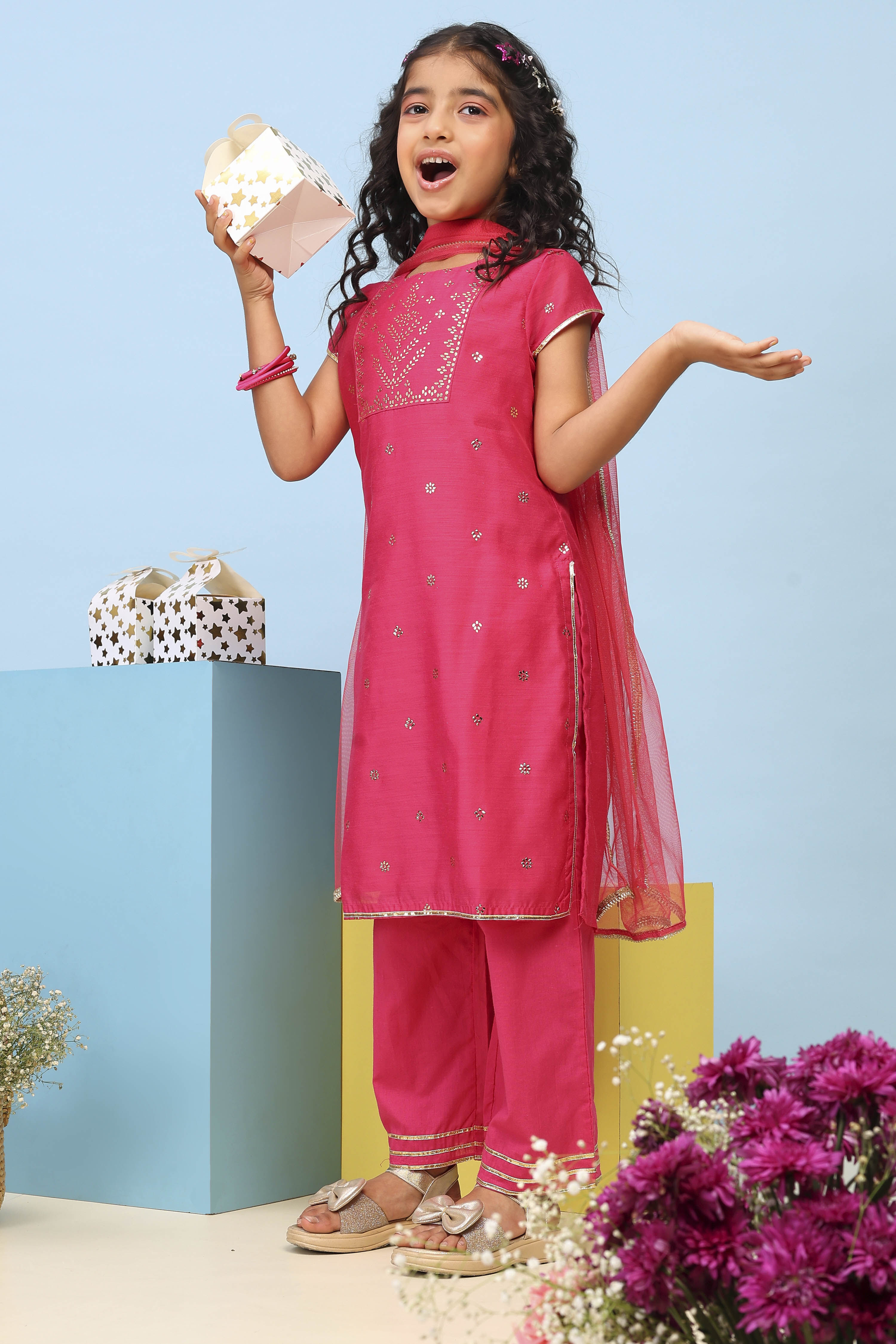 Aqua Polyester Straight Printed Suit Set image number 6