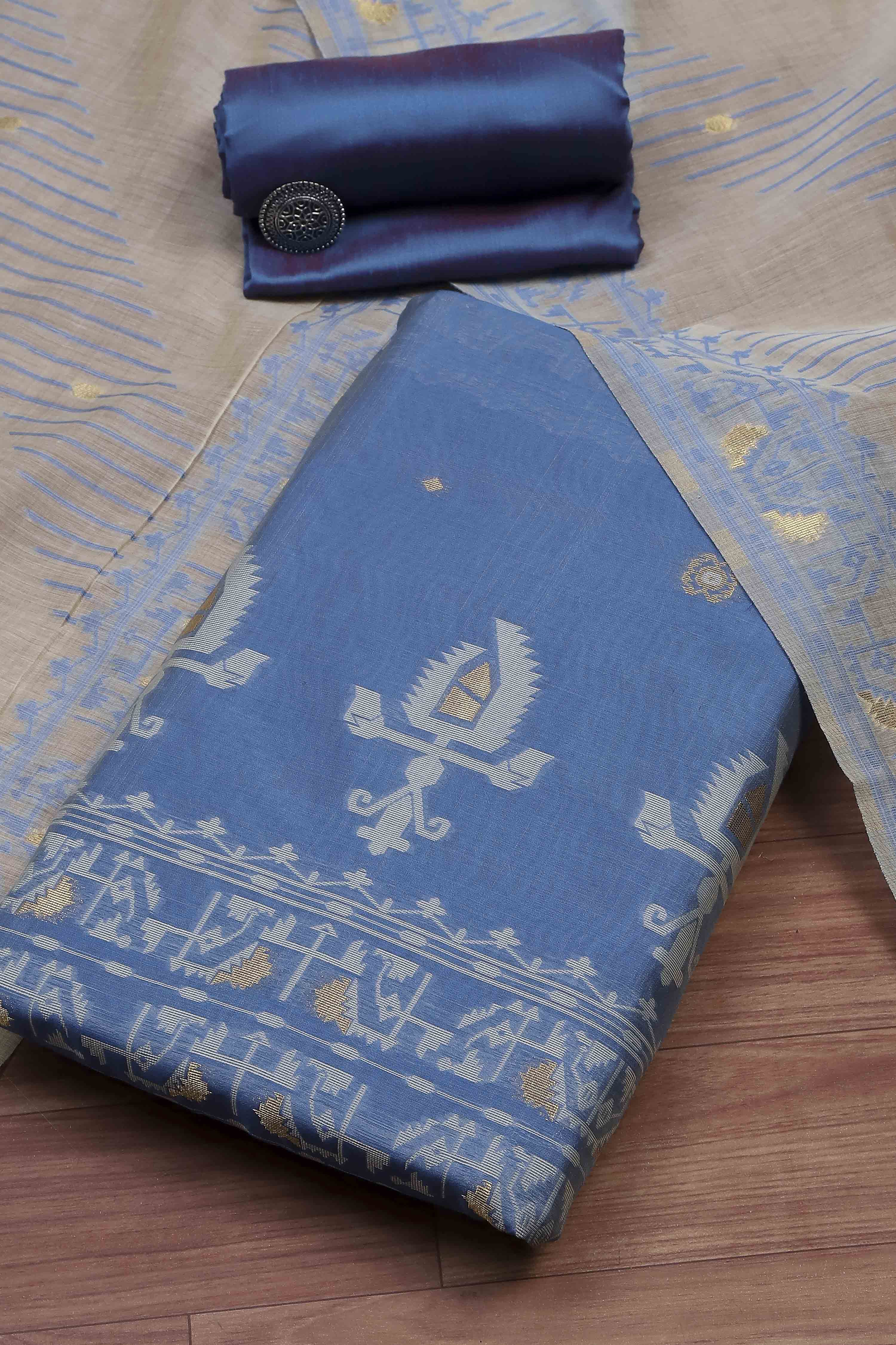 Blue Cotton Jamdani Unstitched Suit Set image number 0