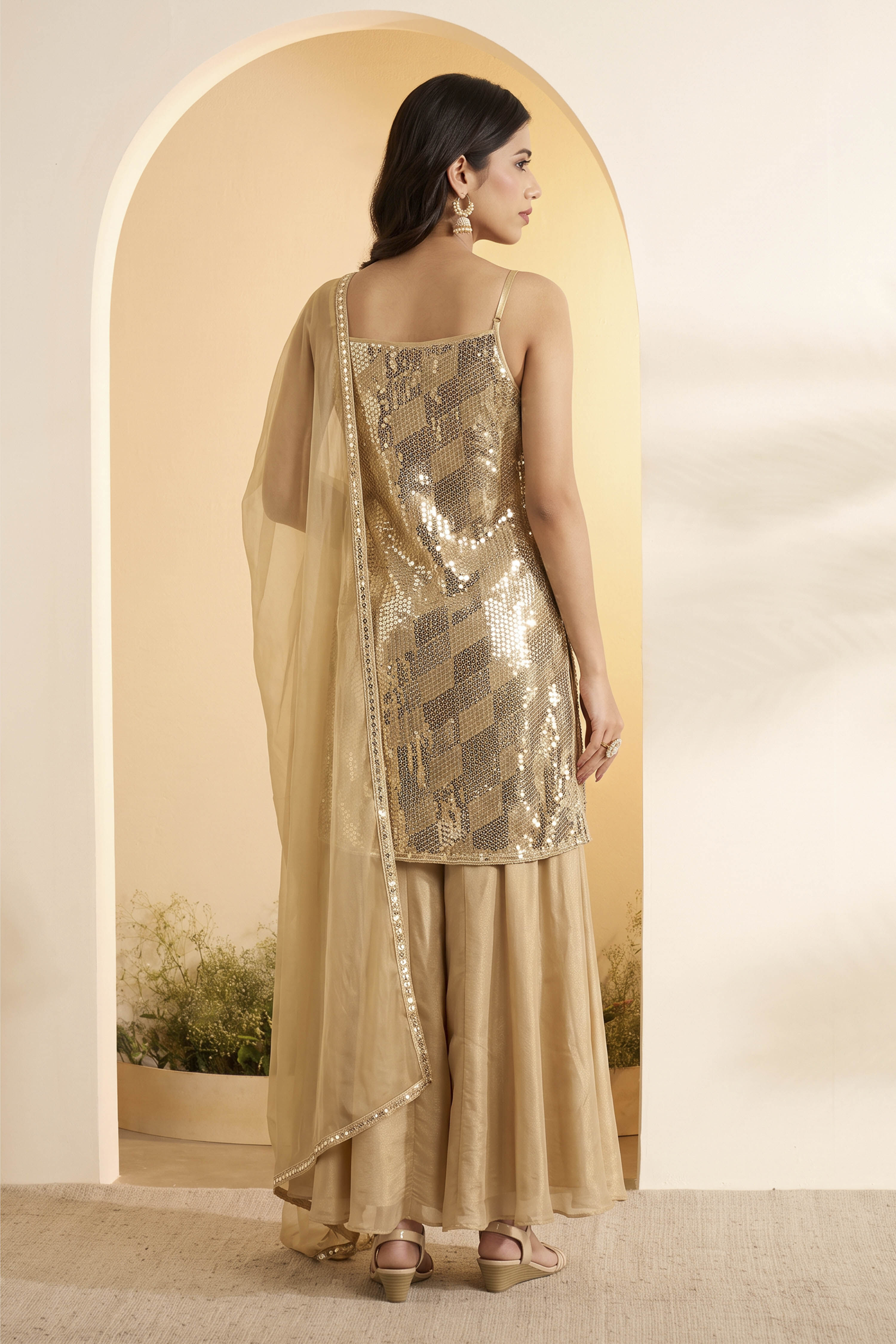 Gold Viscose Georgette Straight Suit Set image number 4