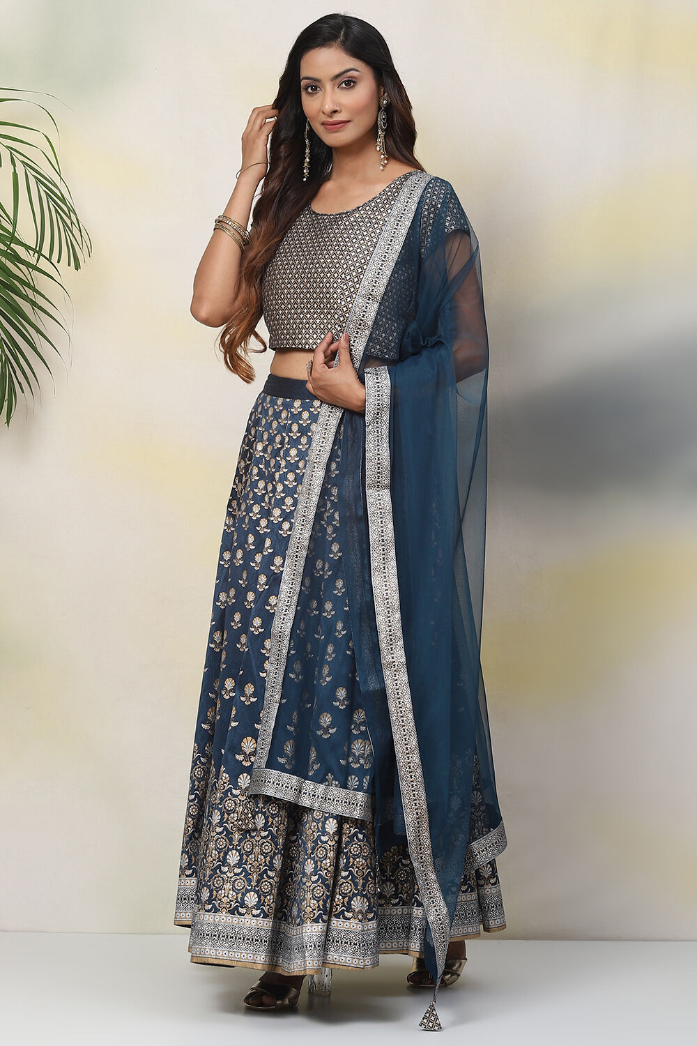 Teal Straight Art Silk Lehenga Set image number 5