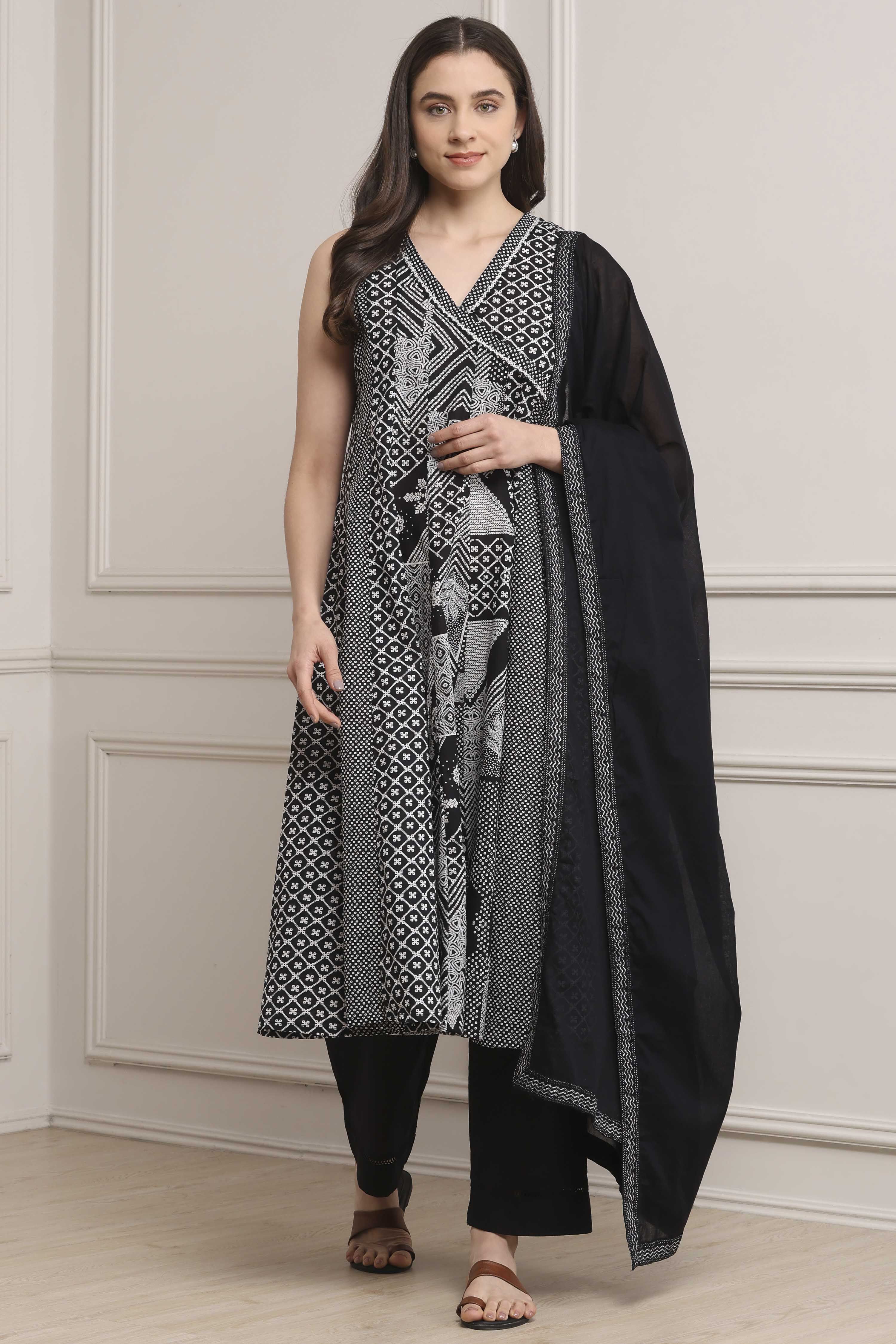 Black Cotton Printed Anarkali Suit Set image number 0