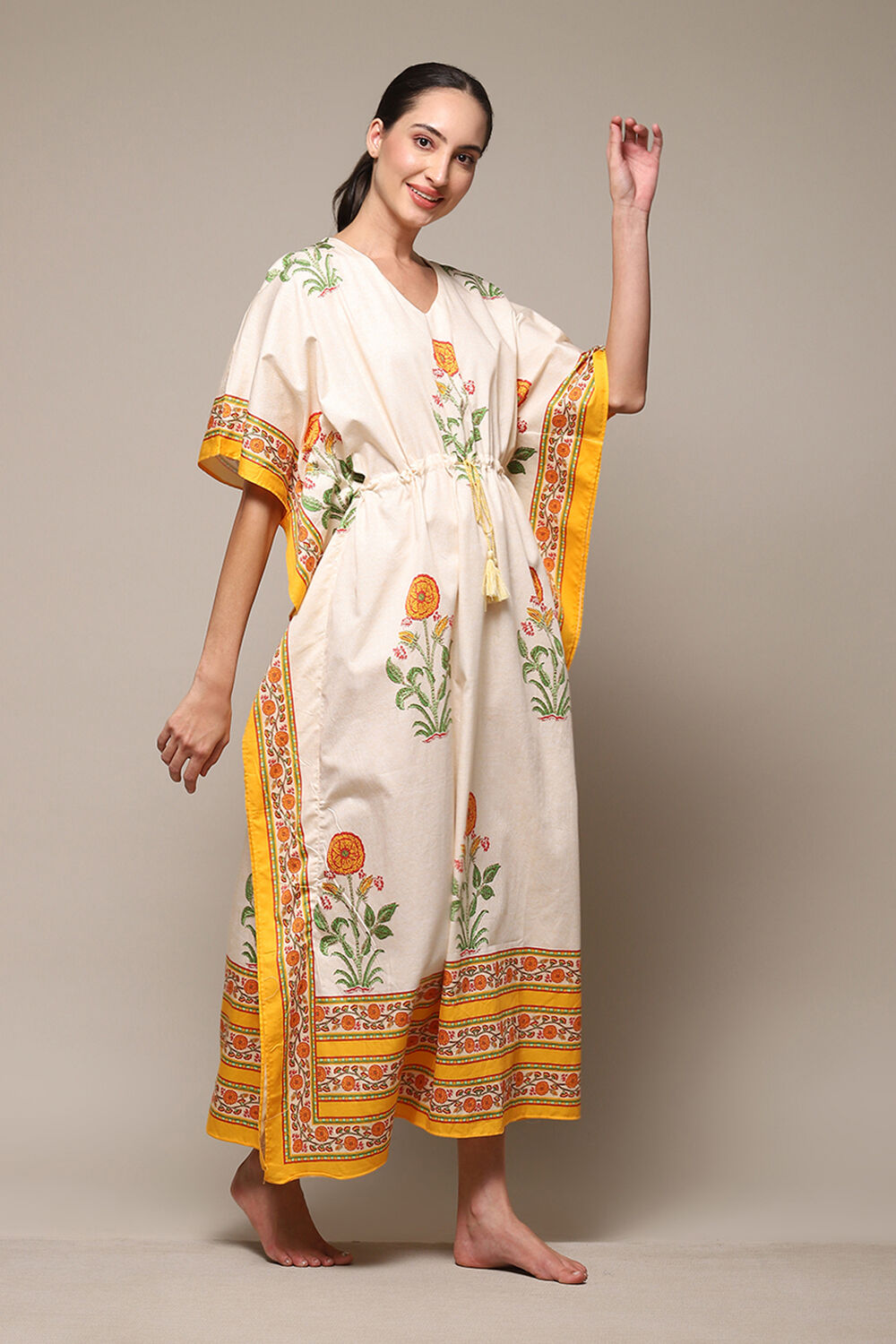 Off White & Must Cotton Printed Kaftan image number 3