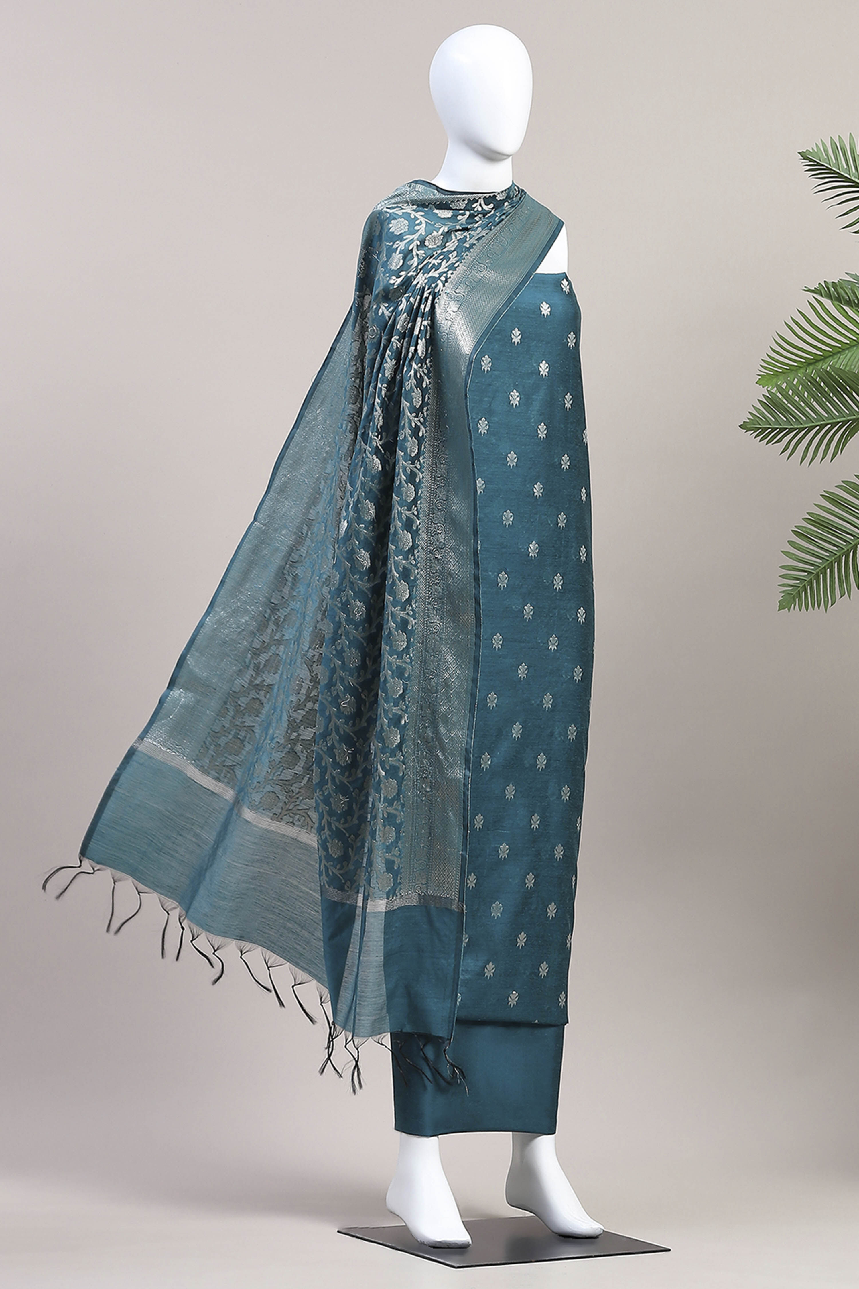 Teal Cotton Printed Embroidered Unstitched Suit Set image number 4