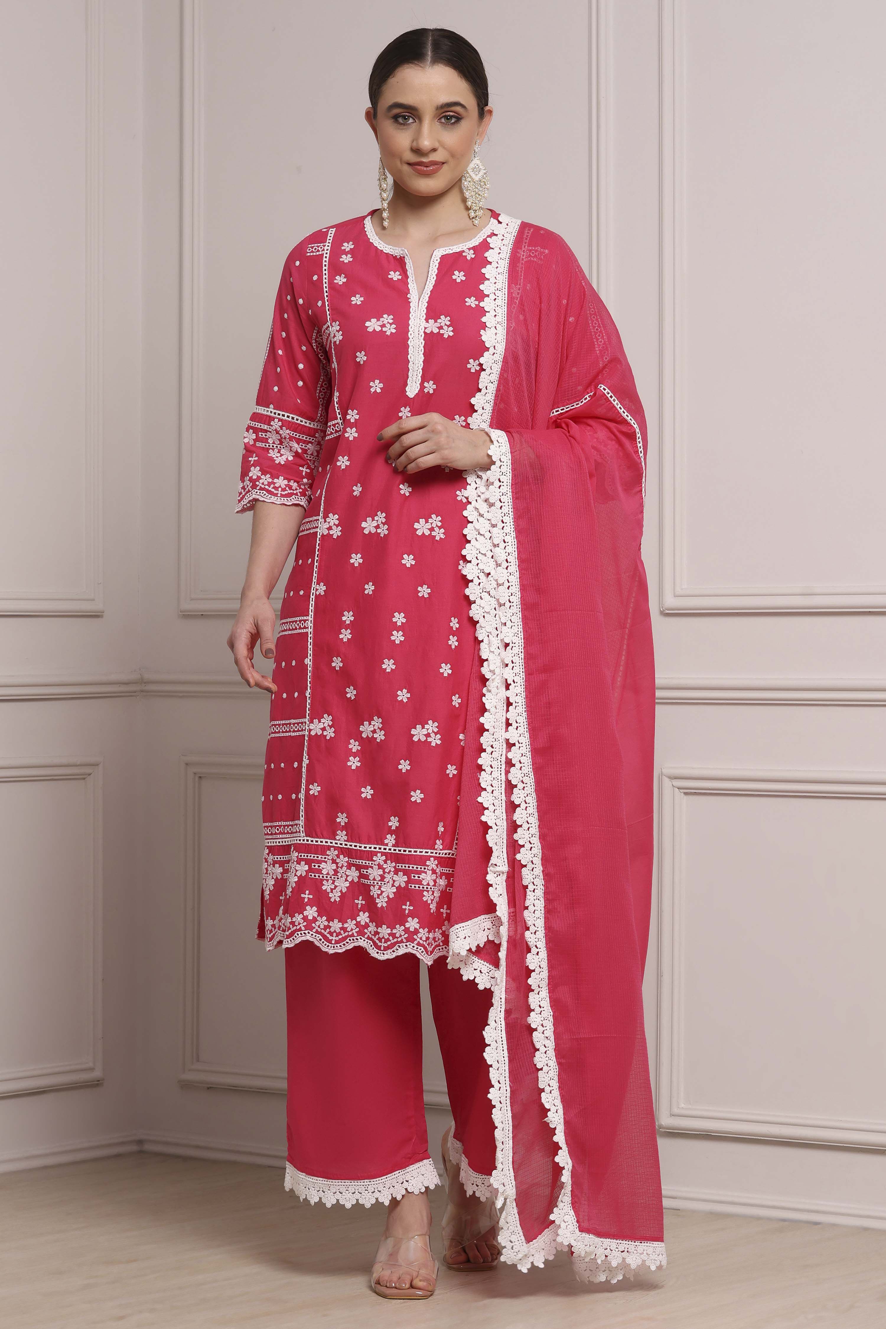 Fuchsia Cotton Embroidered Straight Suit Set image number 7