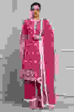 Fuchsia Cotton Embroidered Straight Suit Set image number 7
