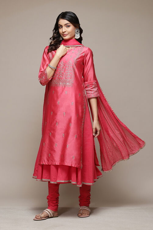 Coral Cotton Blend Layered Kurta Churidar Suit Set image number 6