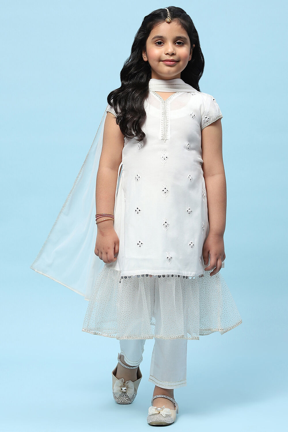 White Poly Chanderi Embroidered Mirror Work Suit Set image number 0