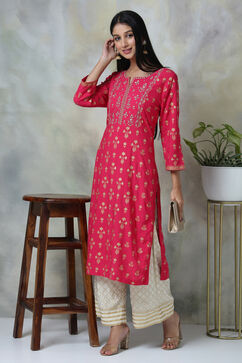 Pink Rayon Straight Kurta Pants Set image number 0