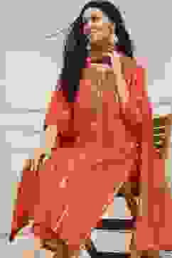 Orange Silk Embroidered Gathered Straight Suit Set image number 0