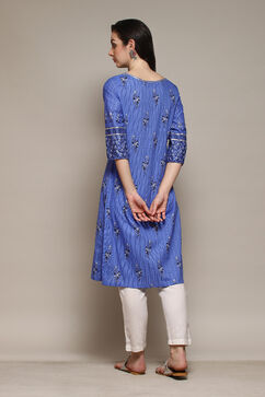 Indigo Cotton Straight Printed Kurta image number 4