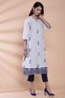 White And Blue Cotton A-Line Printed Kurta image number 4