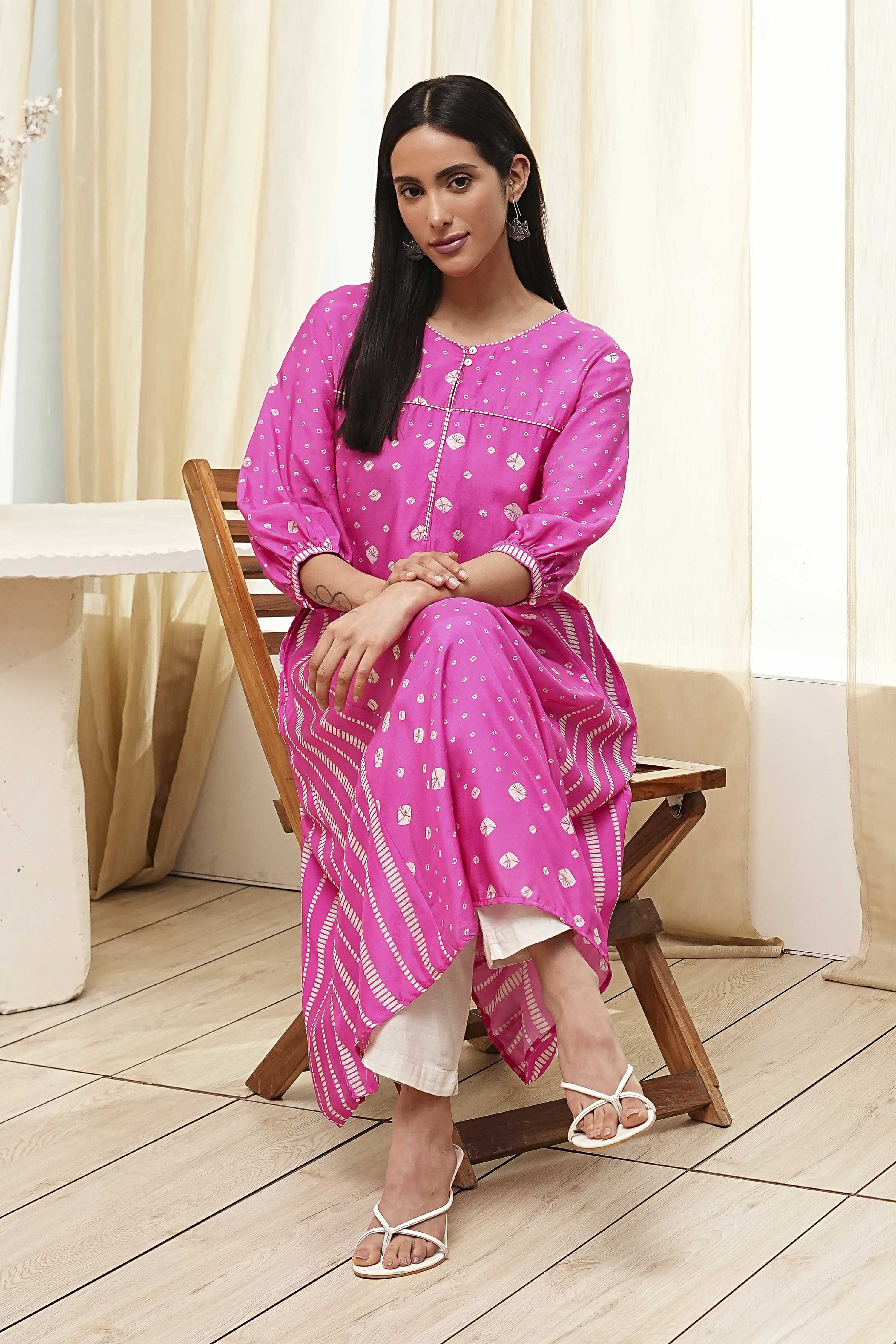 Pink Modal Printed A-Line Kurta image number 2