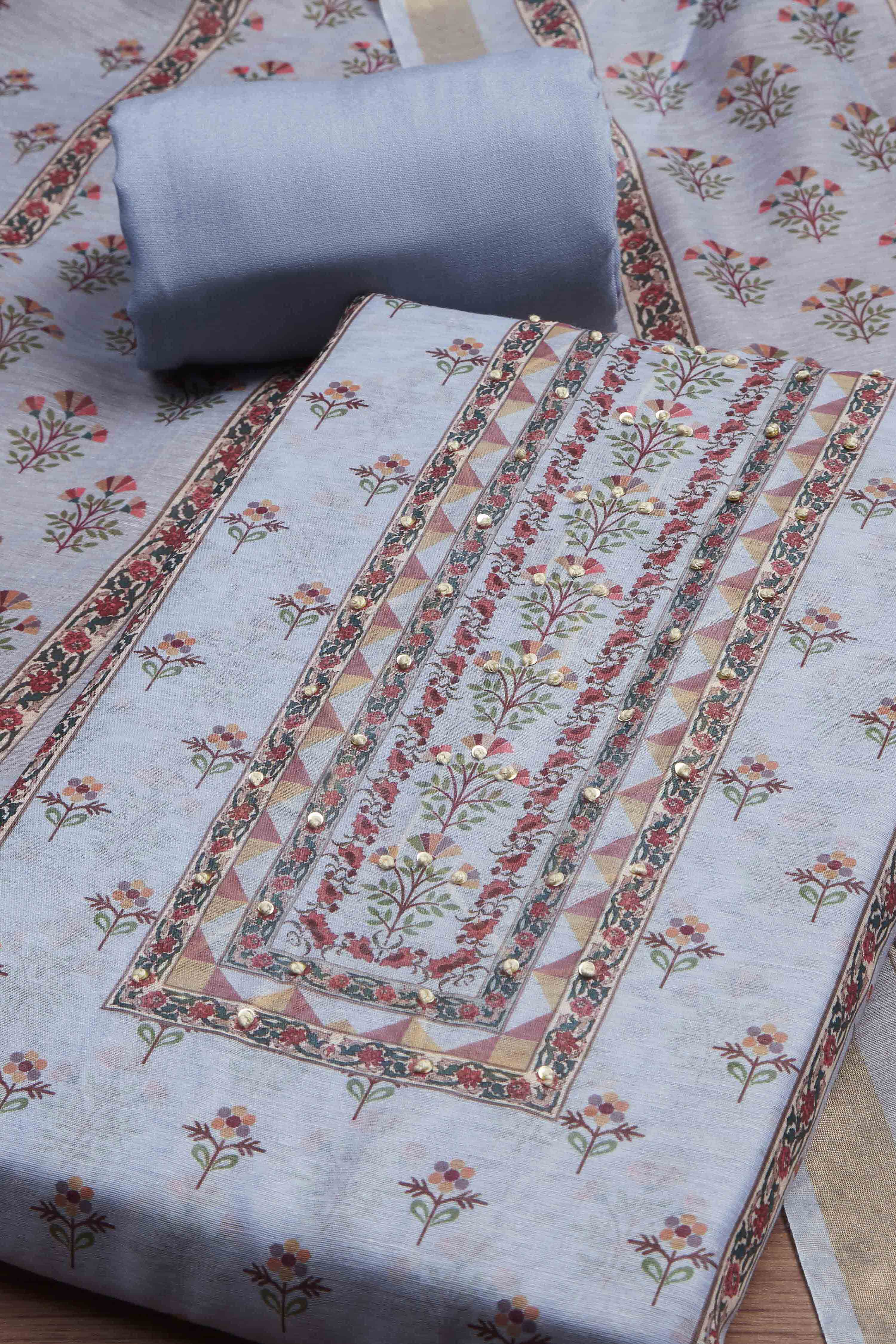 Lavender Muslin Rajasthani Print Unstitched Suit Set image number 1