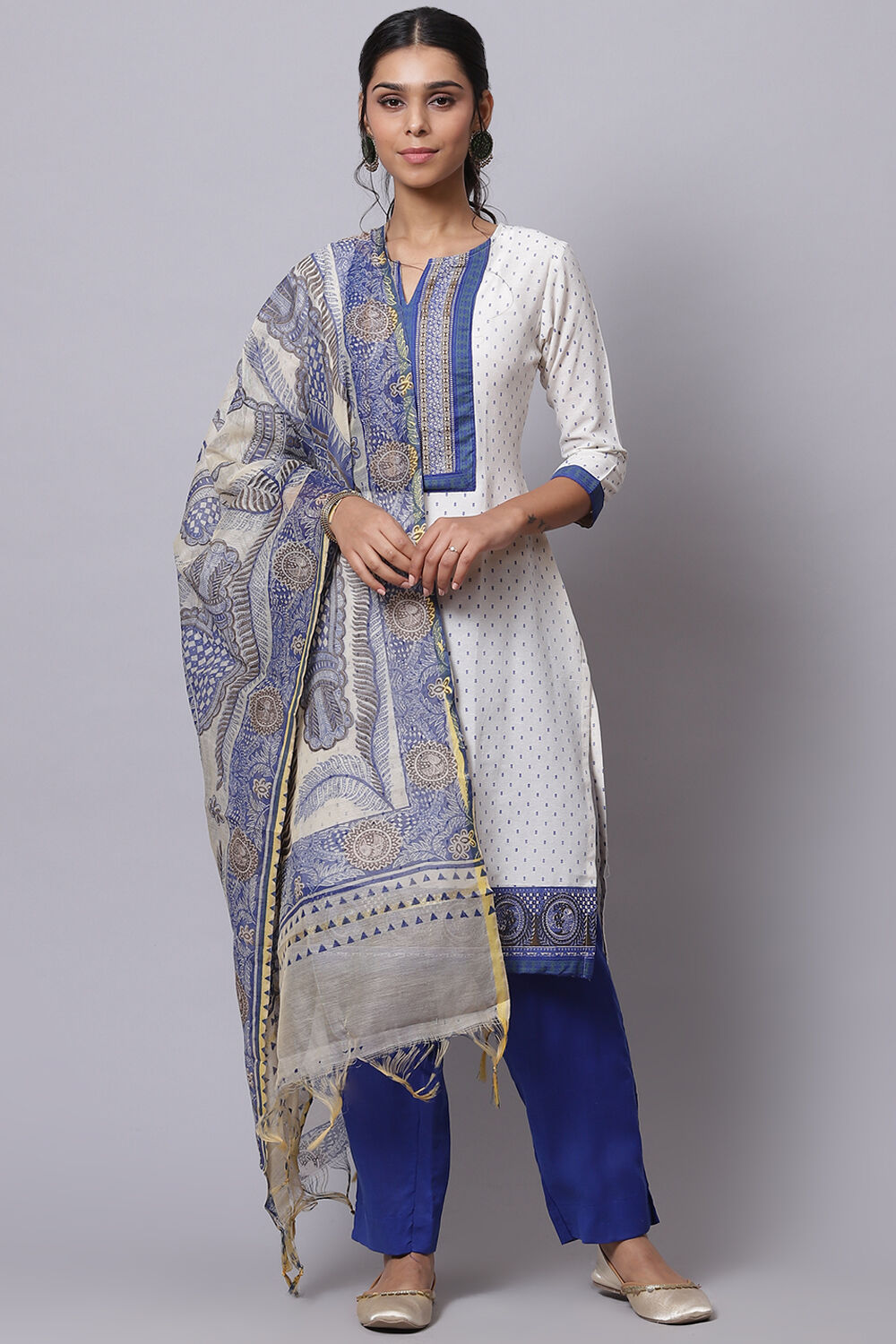 Blue Cotton Unstitched Dress Material Suit Set