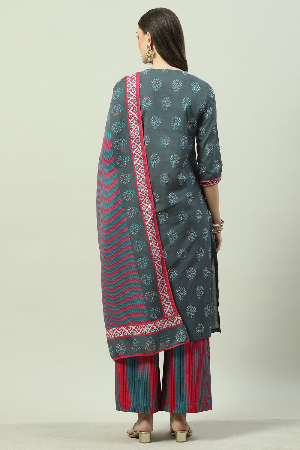 Blue Cotton Straight Suit Set image number 4