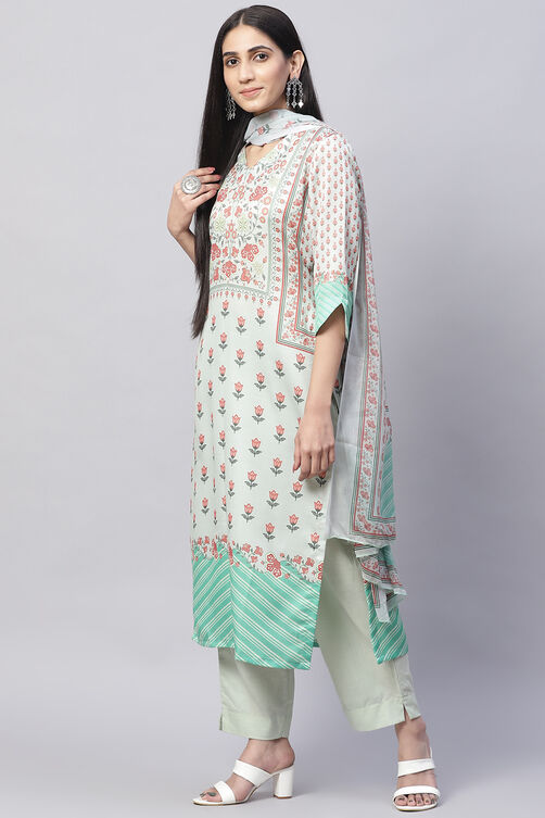 Pastel Green Cotton Blend Digital Print Unstitched Suit Set image number 5