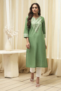 Green Pure Cotton Printed Straight Kurta image number 0
