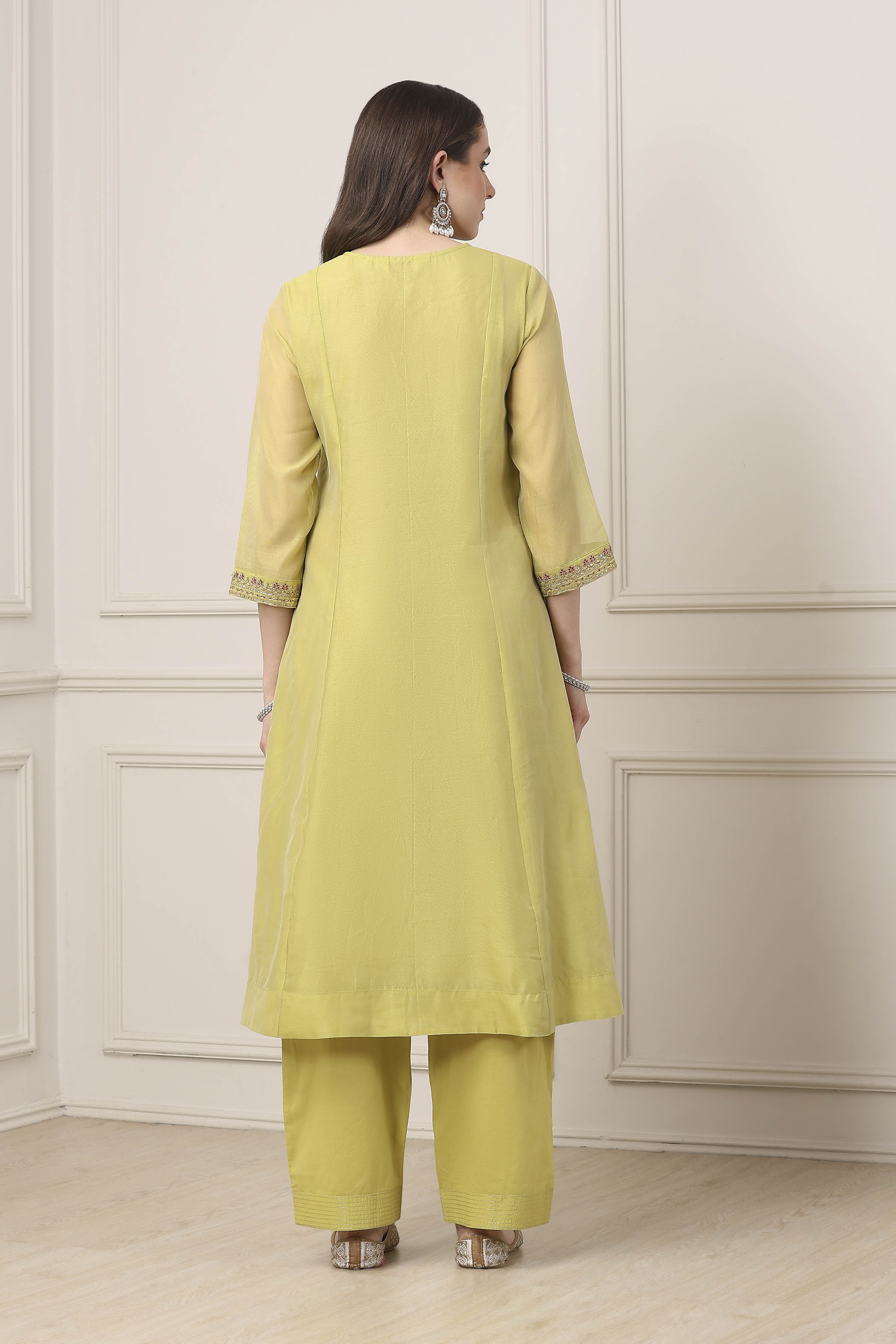 Green Poly Chanderi Sequined Kalidar Suit Set image number 4