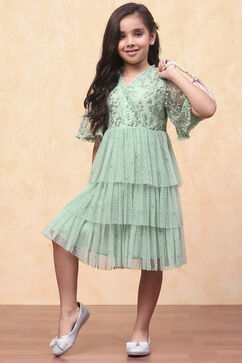 Mint Green Dobby Net Embellished Tiered Flared Dress image number 5