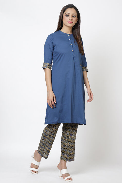 Navy Cotton A-Line Kurta Pant Suit Set image number 2