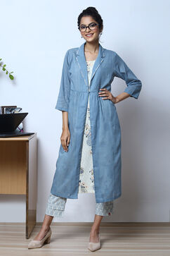 Blue Cotton Straight Printed Kurta With Shrug image number 3