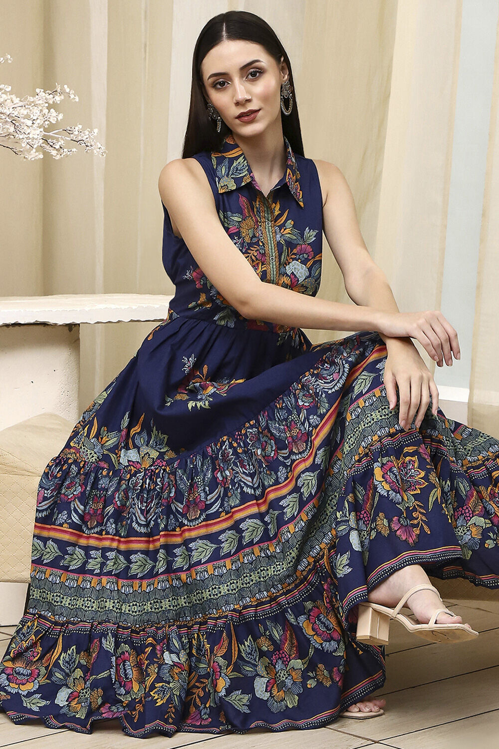 Indigo Cotton Floral Tiered Dress image number 0