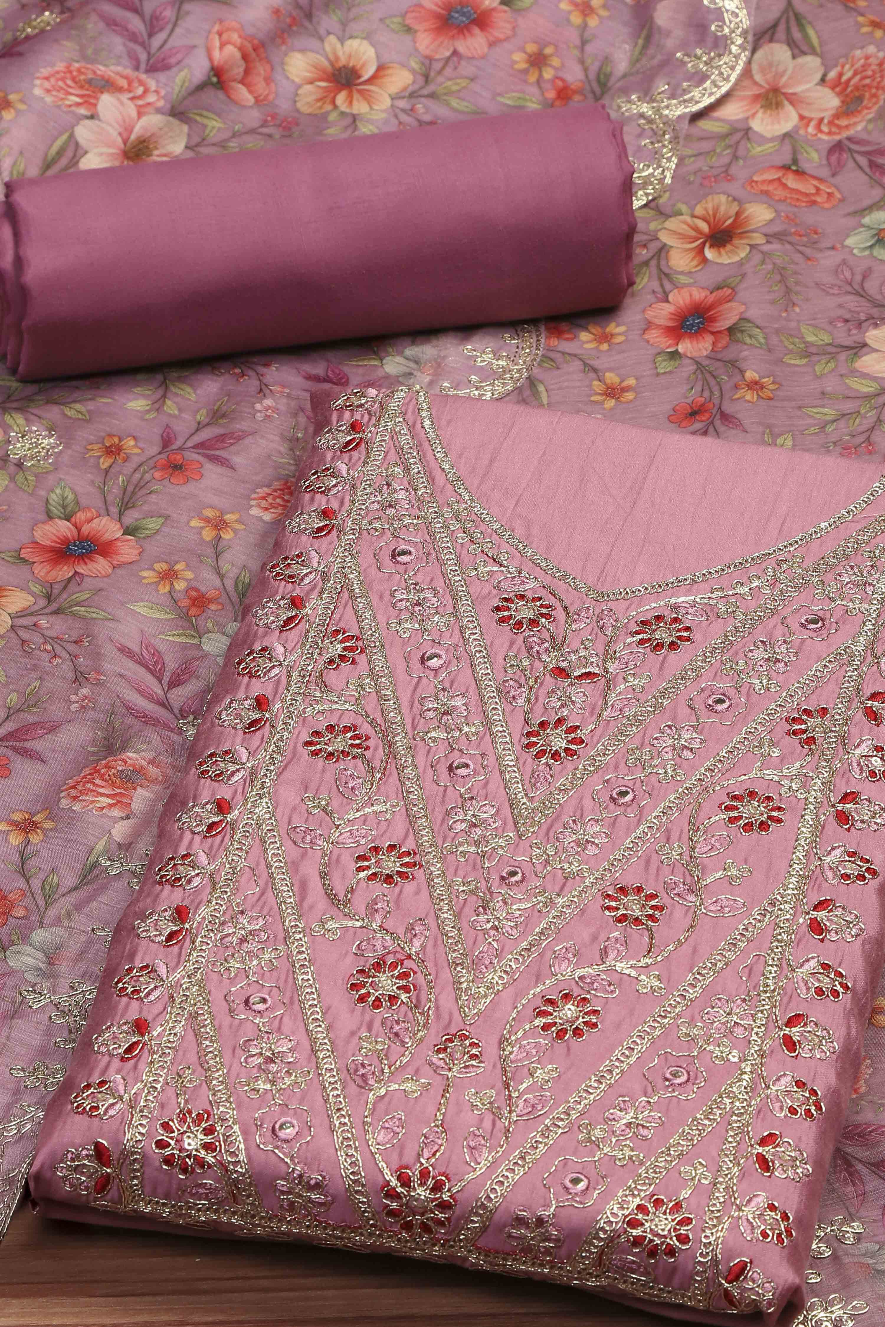 Pnk Chanderi Unstitched Suit Set image number 1