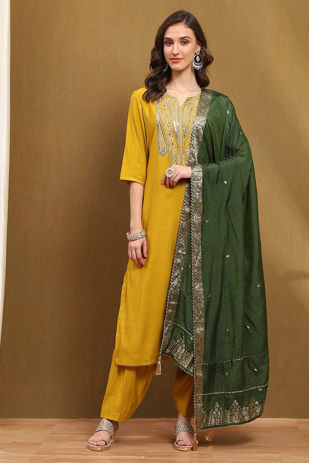 Mustard Yellow Chanderi Embroidered Unstitched Suit Set image number 1