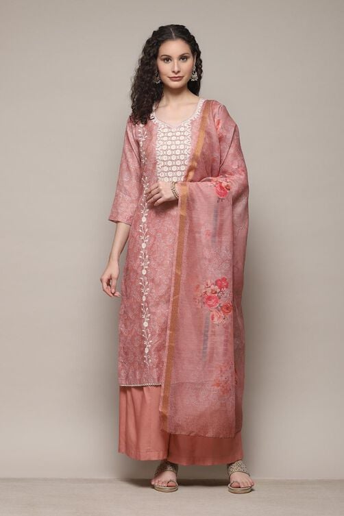 Peach Chanderi Unstitched Suit Set image number 1