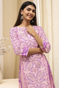 Purple Cotton Printed Straight Kurta image number 1