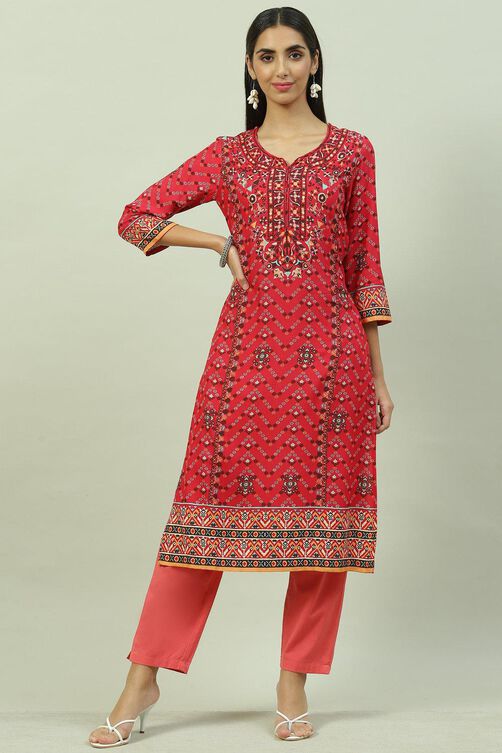 Red & Green LIVA Straight Printed Kurta image number 0