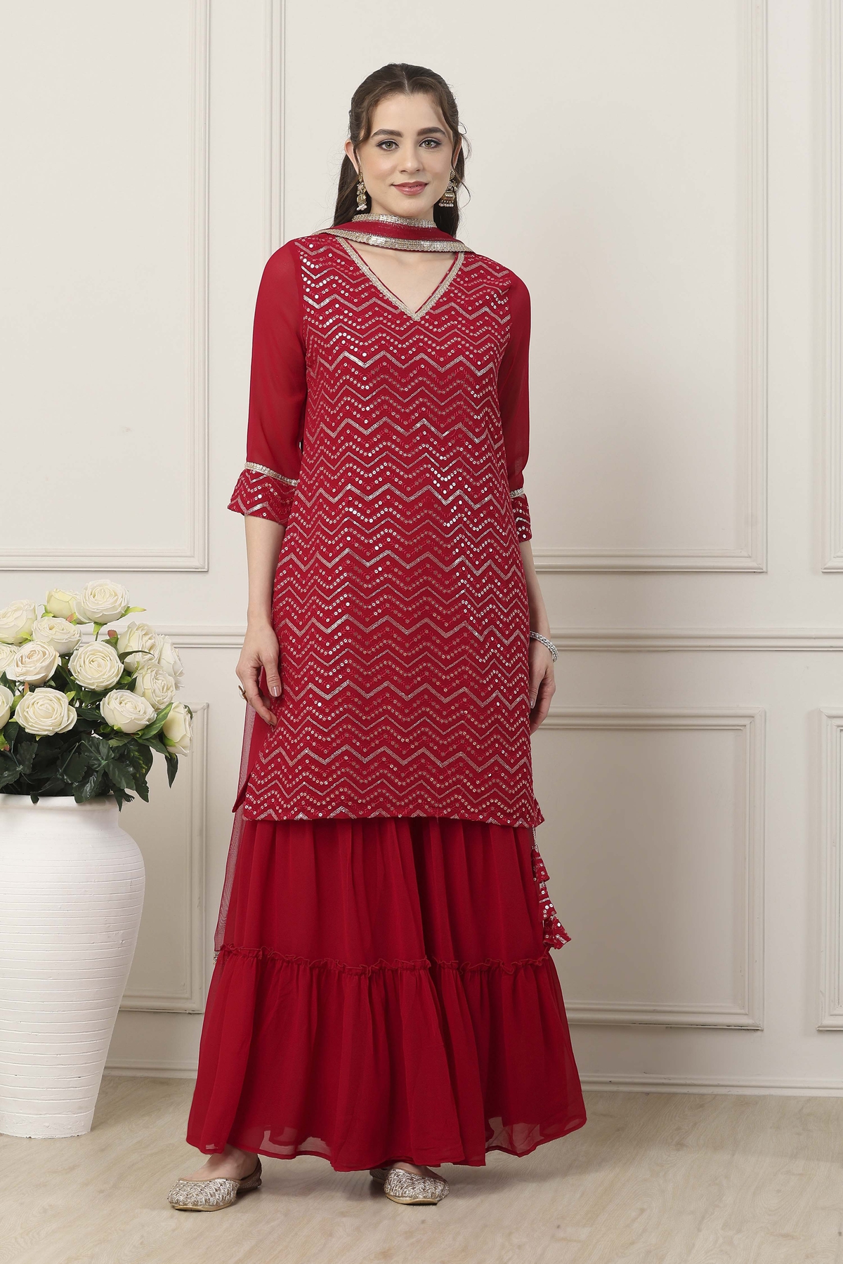 Red Polyester Sequin Straight Sharara Suit Set
