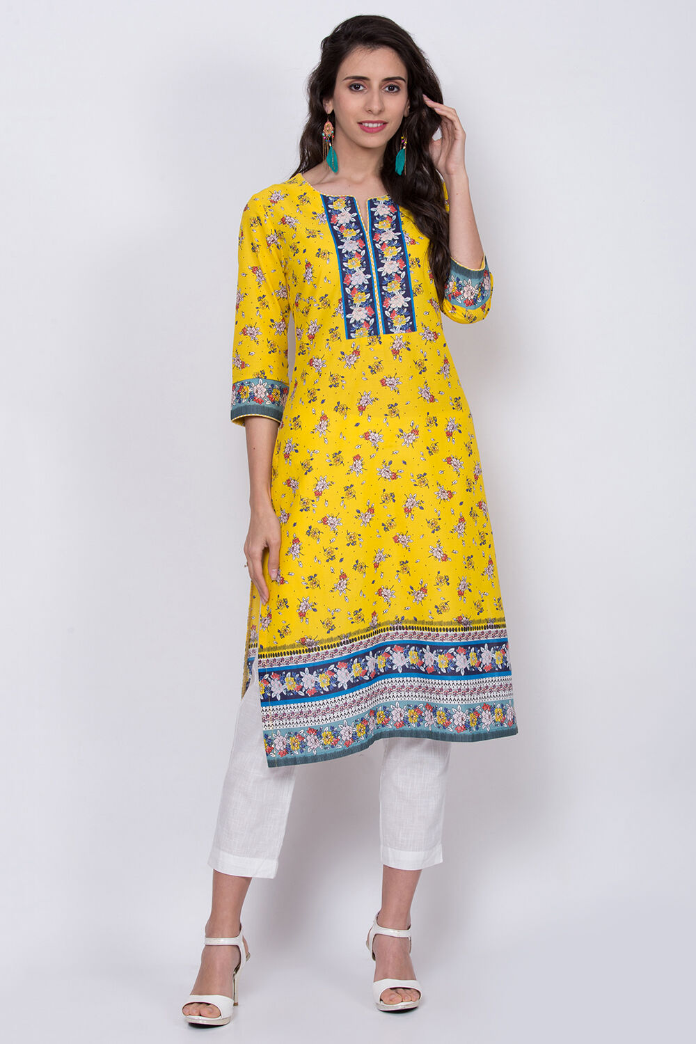Yellow Cotton Straight Printed Kurta