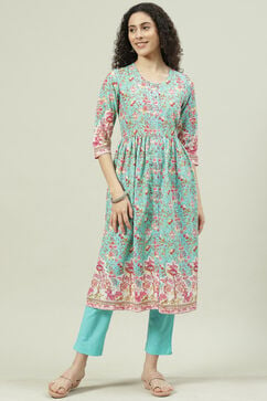 Green & Turquoise Printed Cotton Gathered Suit Set image number 0