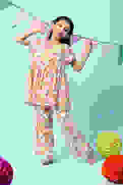 Off White & Red Rayon Printed Sleepwear image number 0