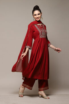 Green & Maroon Rayon Gathered Kurta Palazzo Suit Set image number 6