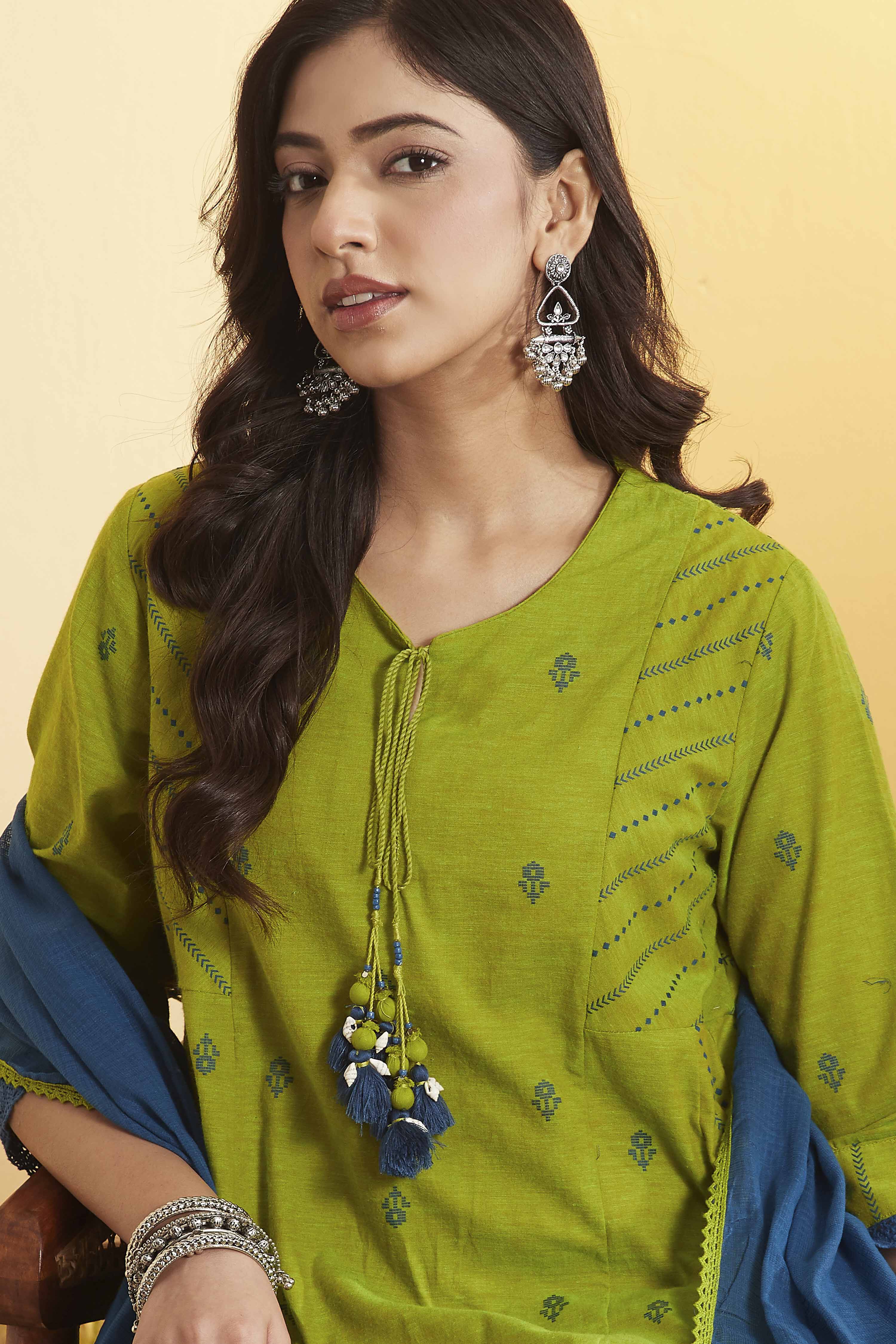 Mint Green Yarndyed Straight Cotton Kurta Set image number 1