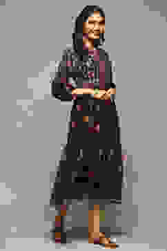 Black Cotton Straight Printed Kurta image number 4