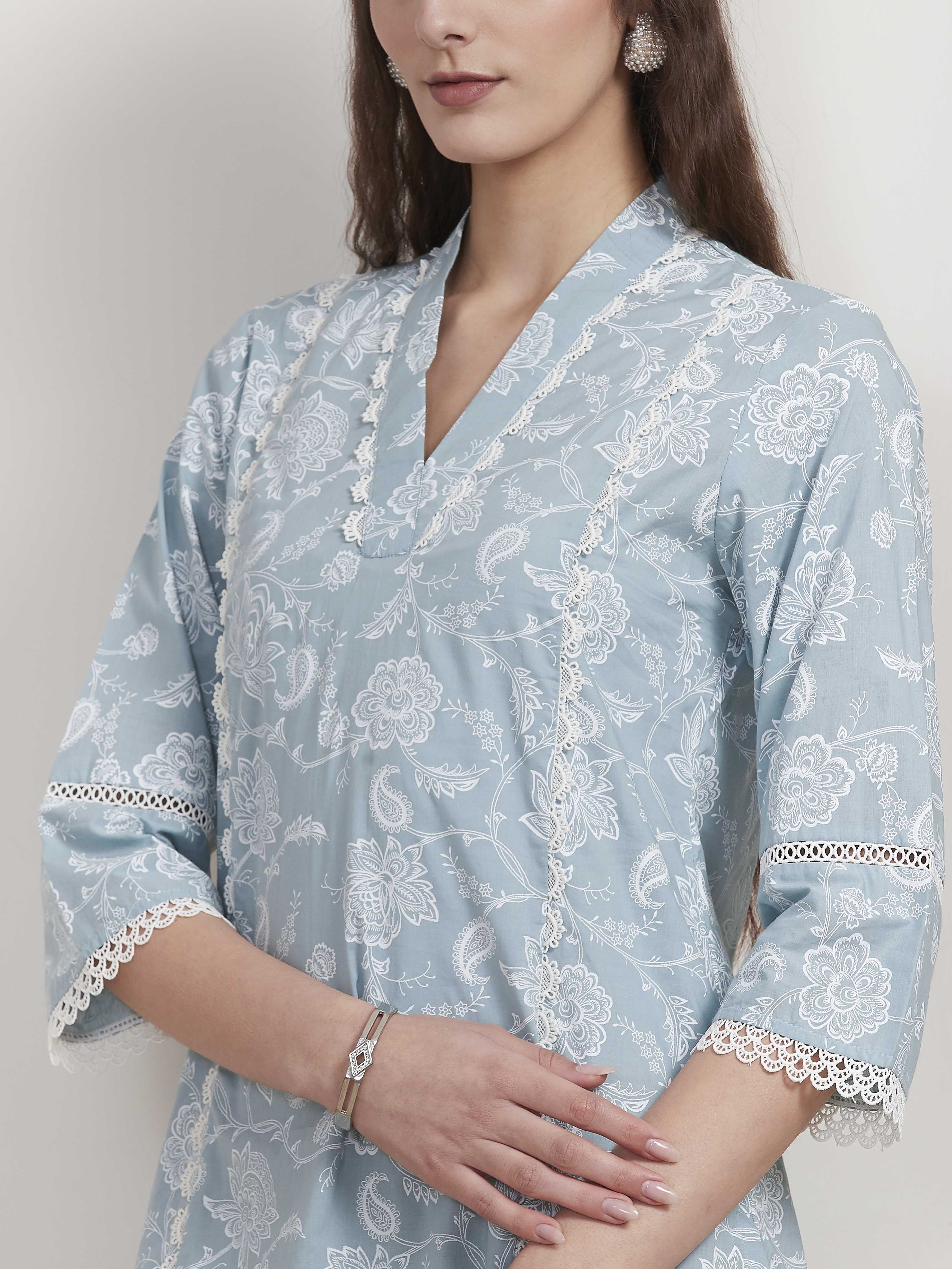 Blue Cotton Printed Straight Kurta image number 1