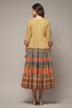 Lemon Yellow Cotton Tiered Printed Dress image number 2