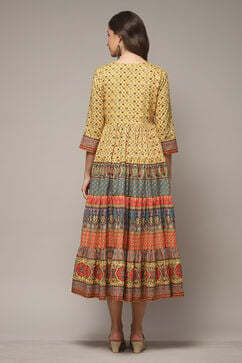 Lemon Yellow Cotton Tiered Printed Dress image number 2