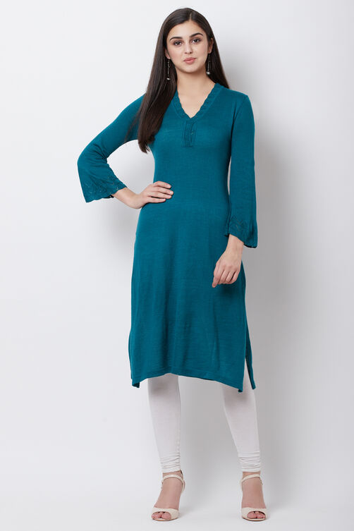 Teal Acrylic And Wool Straight Solid Kurta image number 0