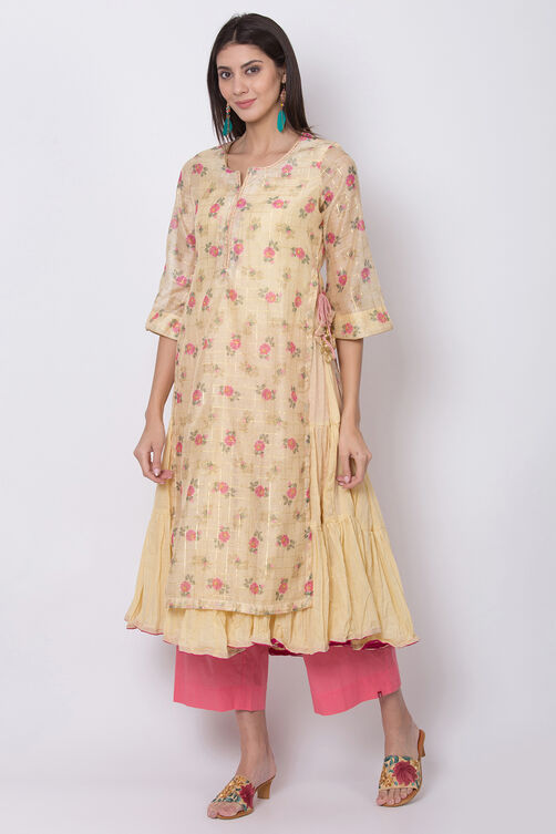 Mint Green Poly Metallic Cotton Flared Printed Kurta image number 0
